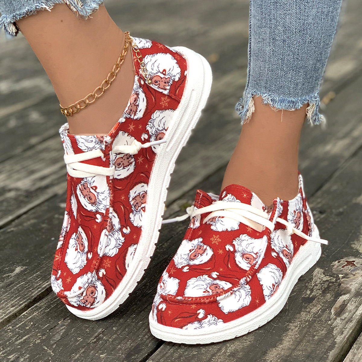 Santa Claus Print Canvas Shoes, Casual Lace Up Christmas Sneakers