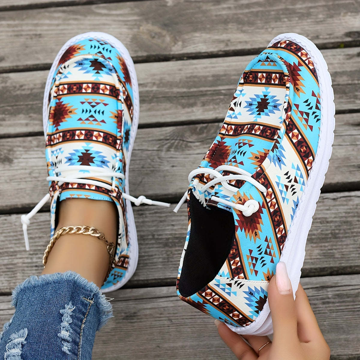 Geometric Pattern Canvas Shoes, Casual Lace Up Low Top Sneakers