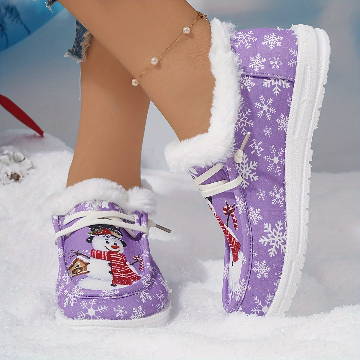 Cartoon Snowflake & Snowman Pattern Shoes, Thermal Lined Fluffy Canvas Shoes