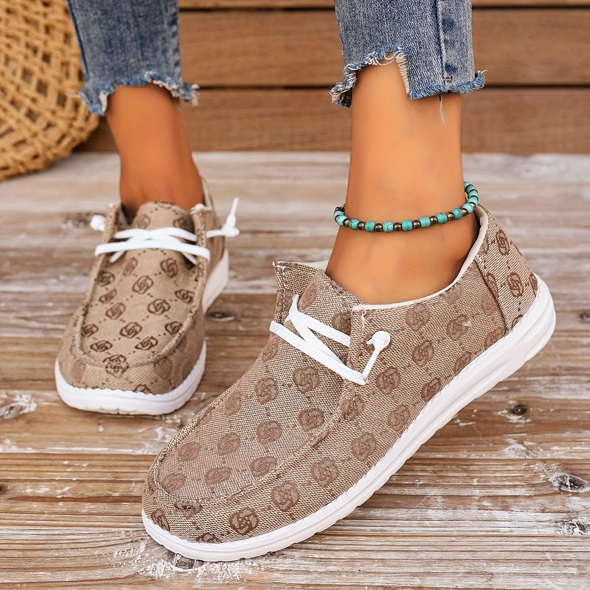 Flower Pattern Canvas Shoes, Round Toe Slip On Flat Loafers